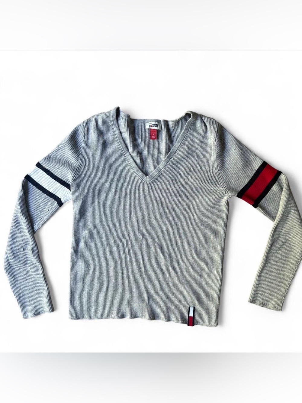 Vintage Tommy Jeans Ribbed V-Neck Varsity Sweater Gray Size M